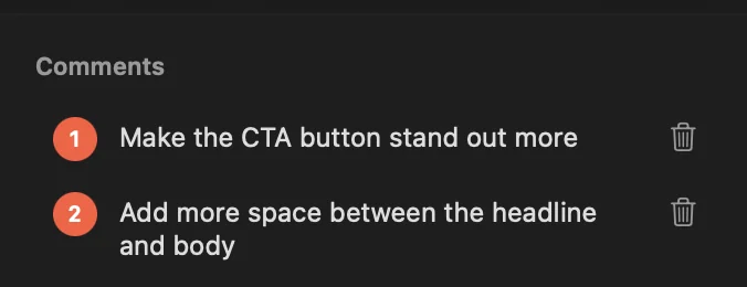 Comments panel with two numbered pins