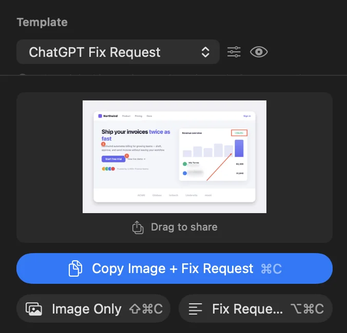Template picker, output preview, and the three copy buttons